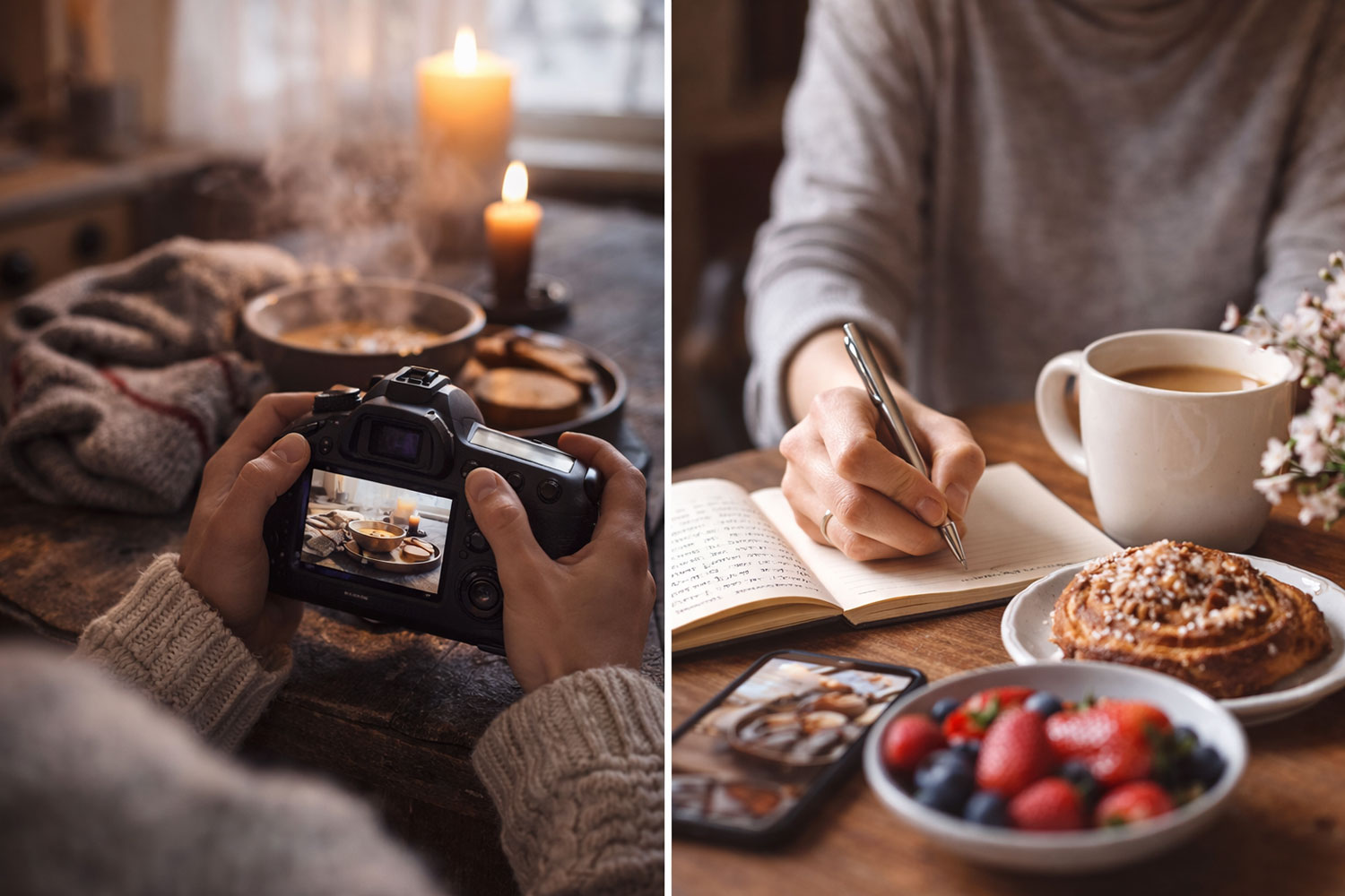 Matbloggare fotograferar mat i kök och skriver recept med kaffe och bakverk bredvid